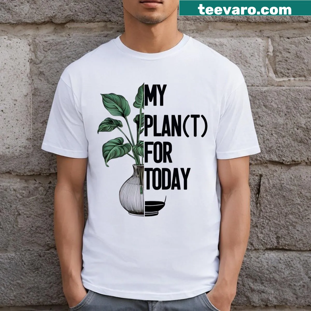 Illustrated gardening T-shirt with the phrase 'My Plant For Today' — on a men's t-shirt