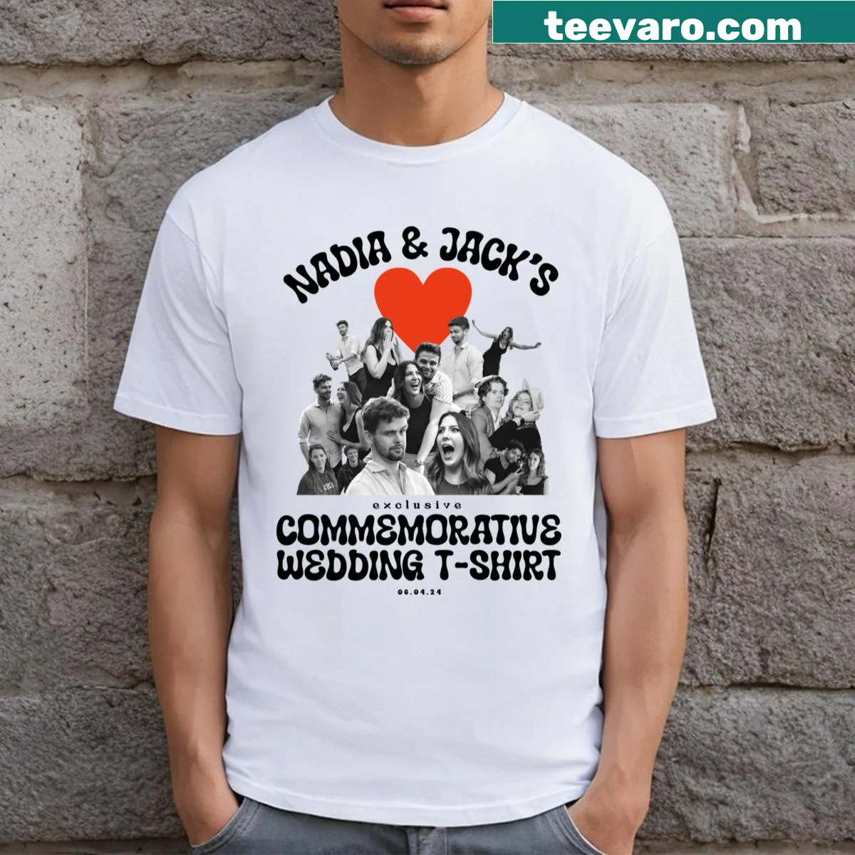 Exclusive wedding T-shirt with Nadia Jack's design — on a men's t-shirt