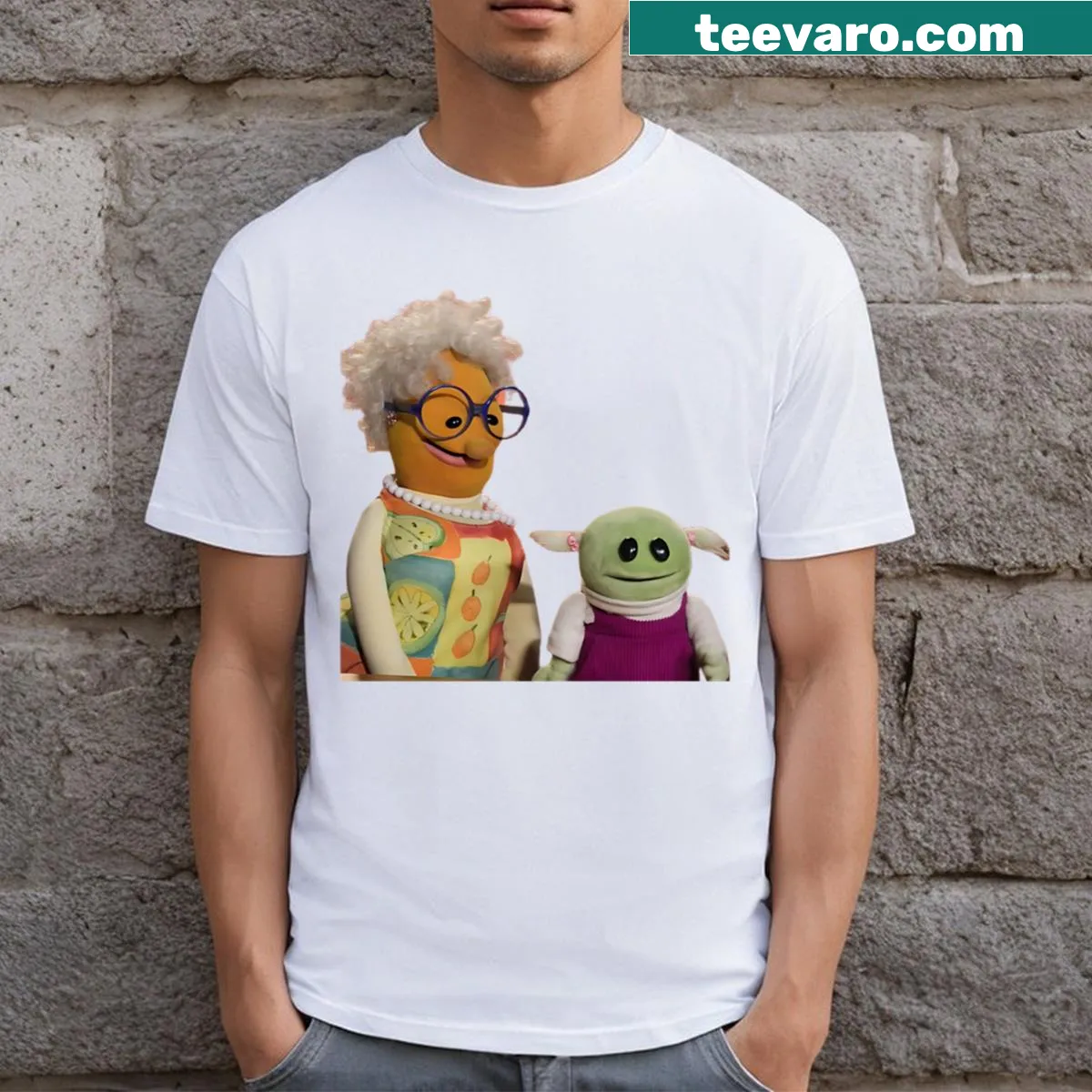 Nanalan and Mrs. Bea cartoon T-shirt — on a men's t-shirt
