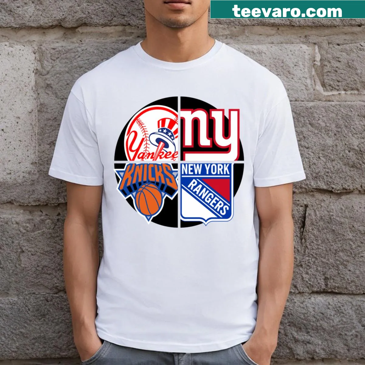 Custom sports teams T-shirt featuring New York-themed graphics — on a men's t-shirt