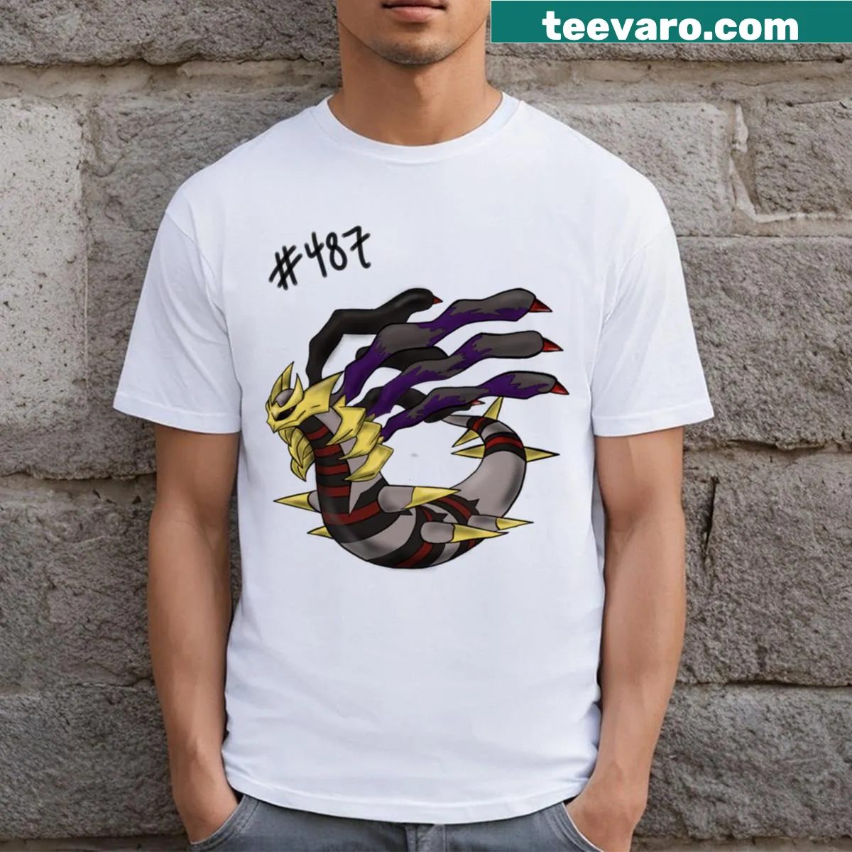 Minimalist T-shirt featuring the number 487 in a clean design. — on a men's t-shirt