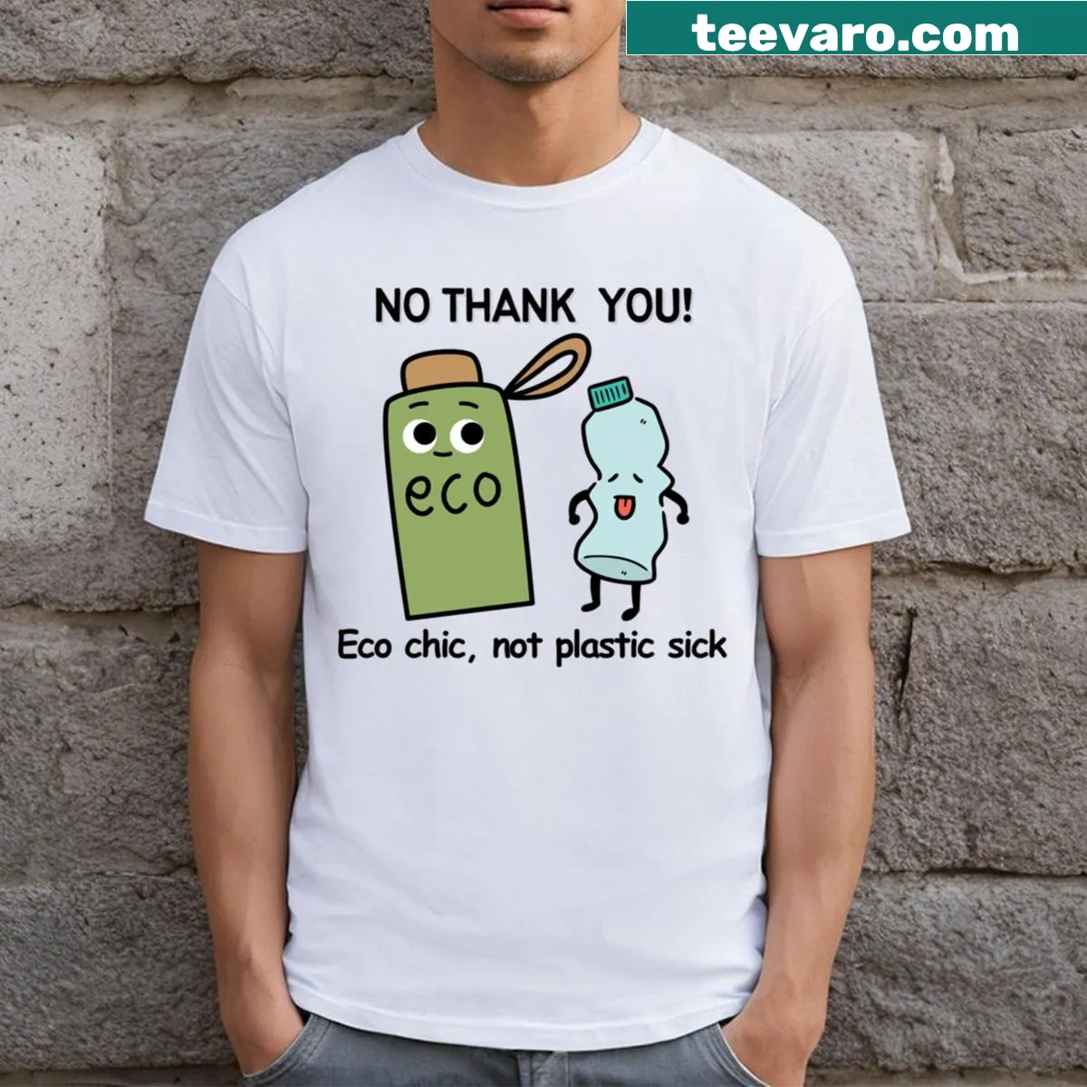 Funny T-shirt with the phrase 'No Thank You Plastic' in bold typography — on a men's t-shirt