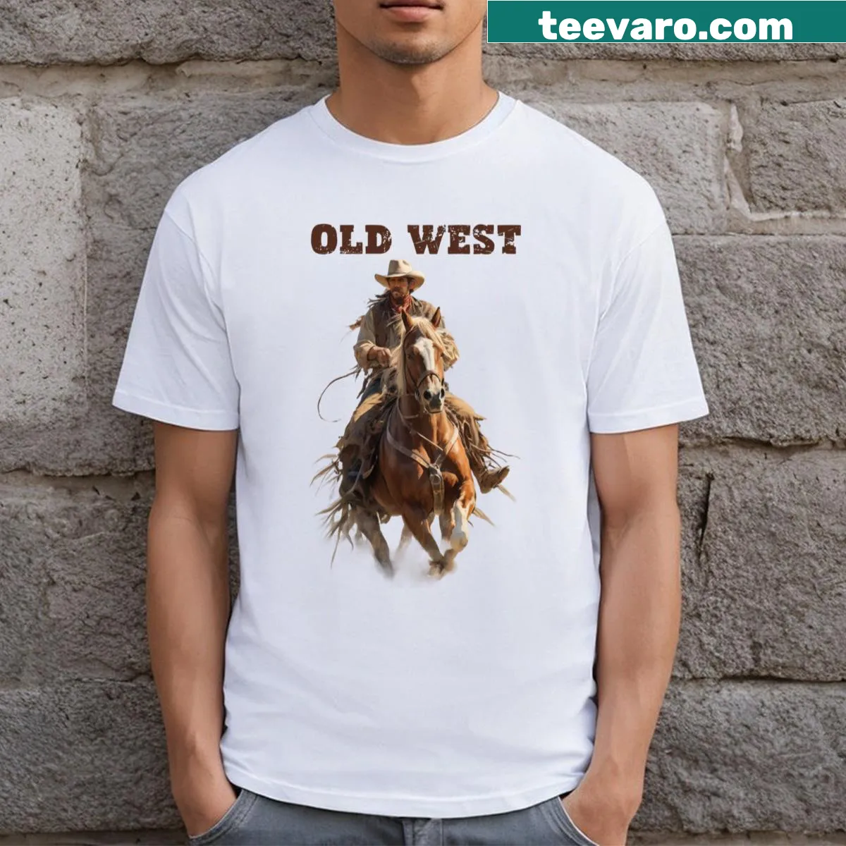 Vintage cowboy horseback graphic on a Western-themed t-shirt — on a men's t-shirt