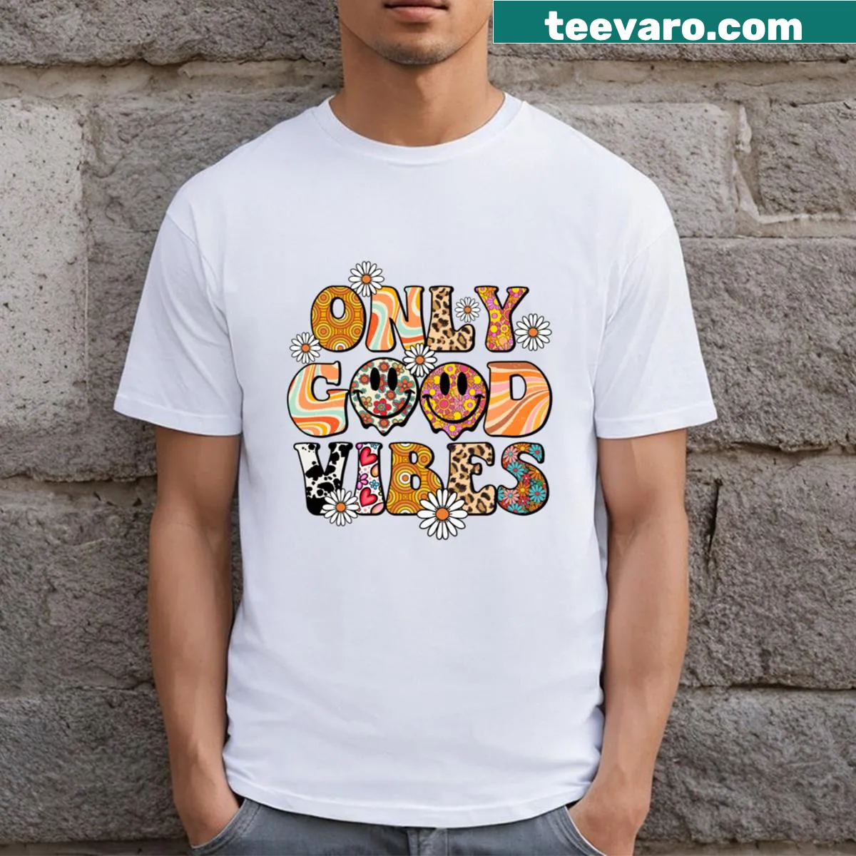 T-shirt with bold text promoting only good vibes — on a men's t-shirt