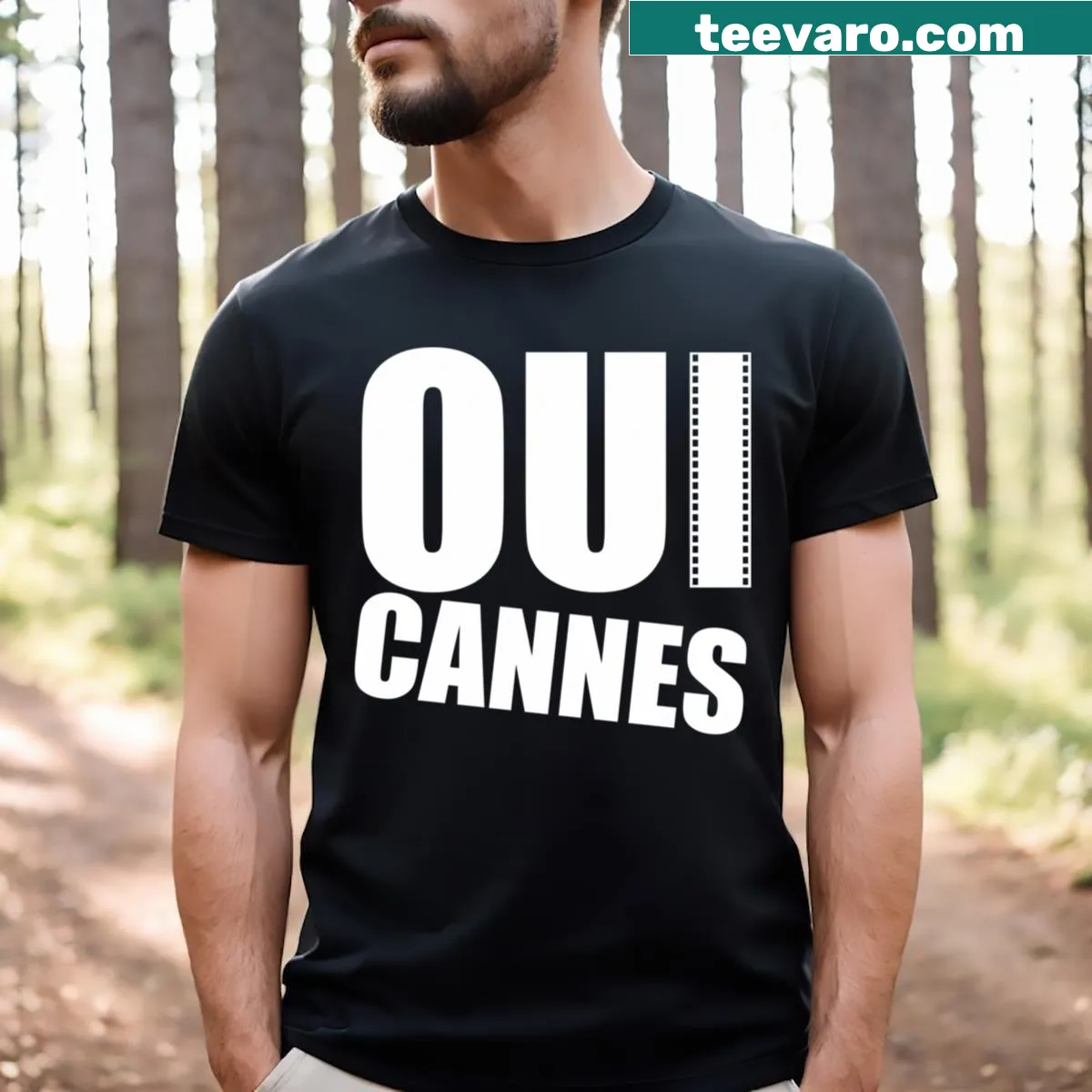 T-shirt featuring elegant text 'Oui Cannes' celebrating travel — on a men's t-shirt