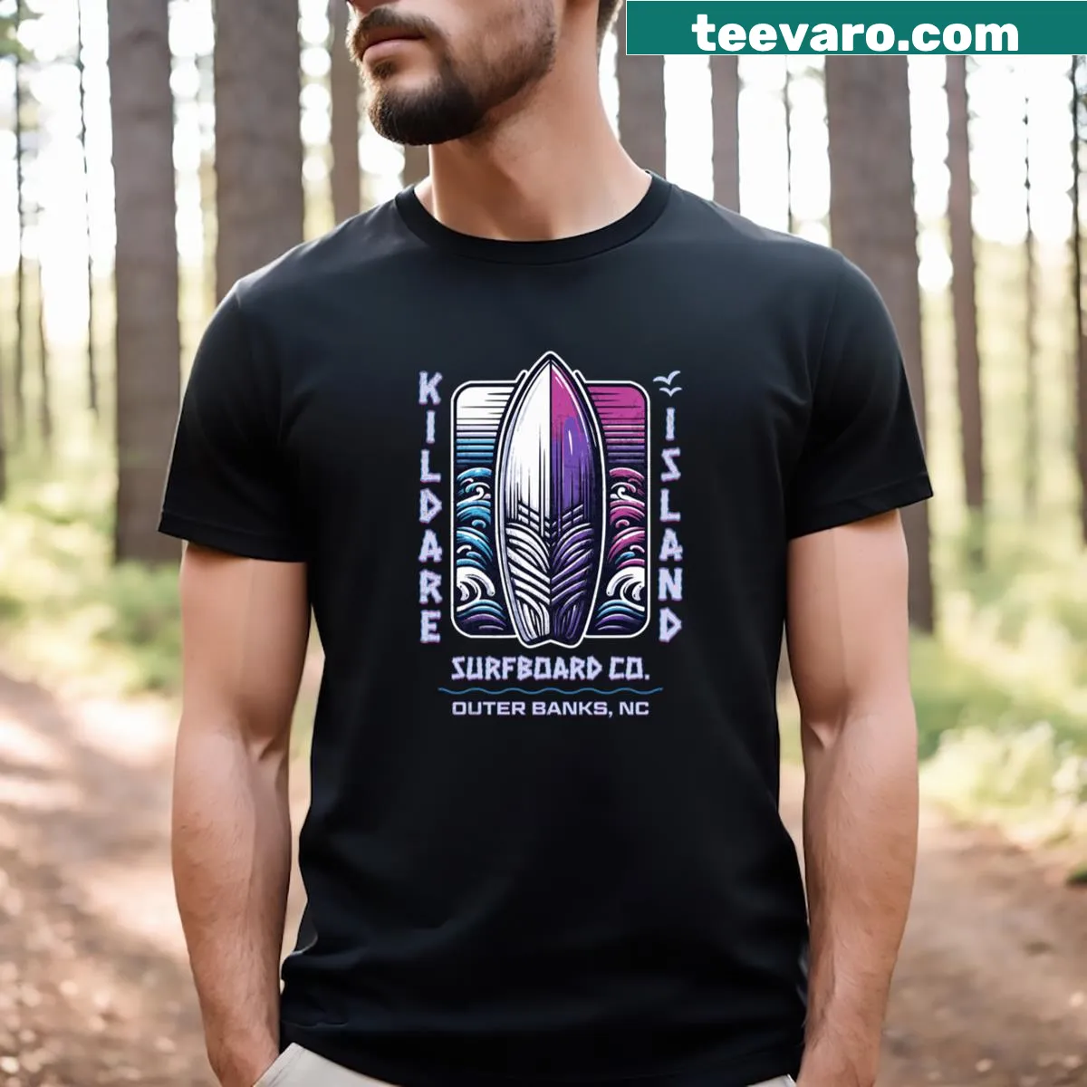 Playful surfboard design on an Outer Banks themed T-shirt — on a men's t-shirt