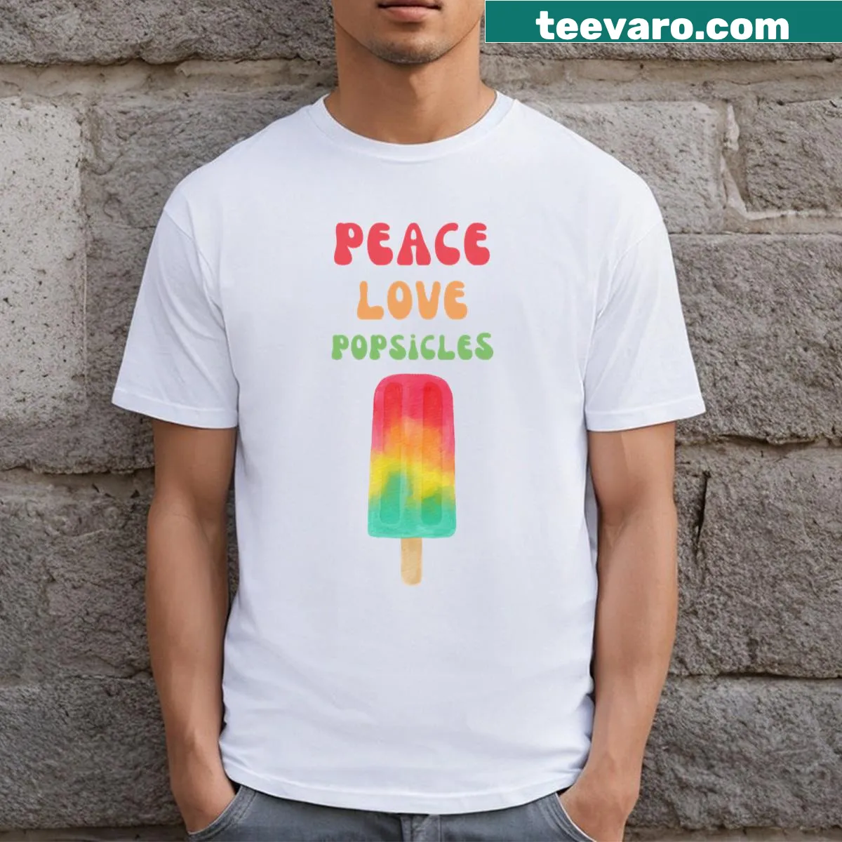 T-Shirt featuring popsicles with the words Peace and Love — on a men's t-shirt