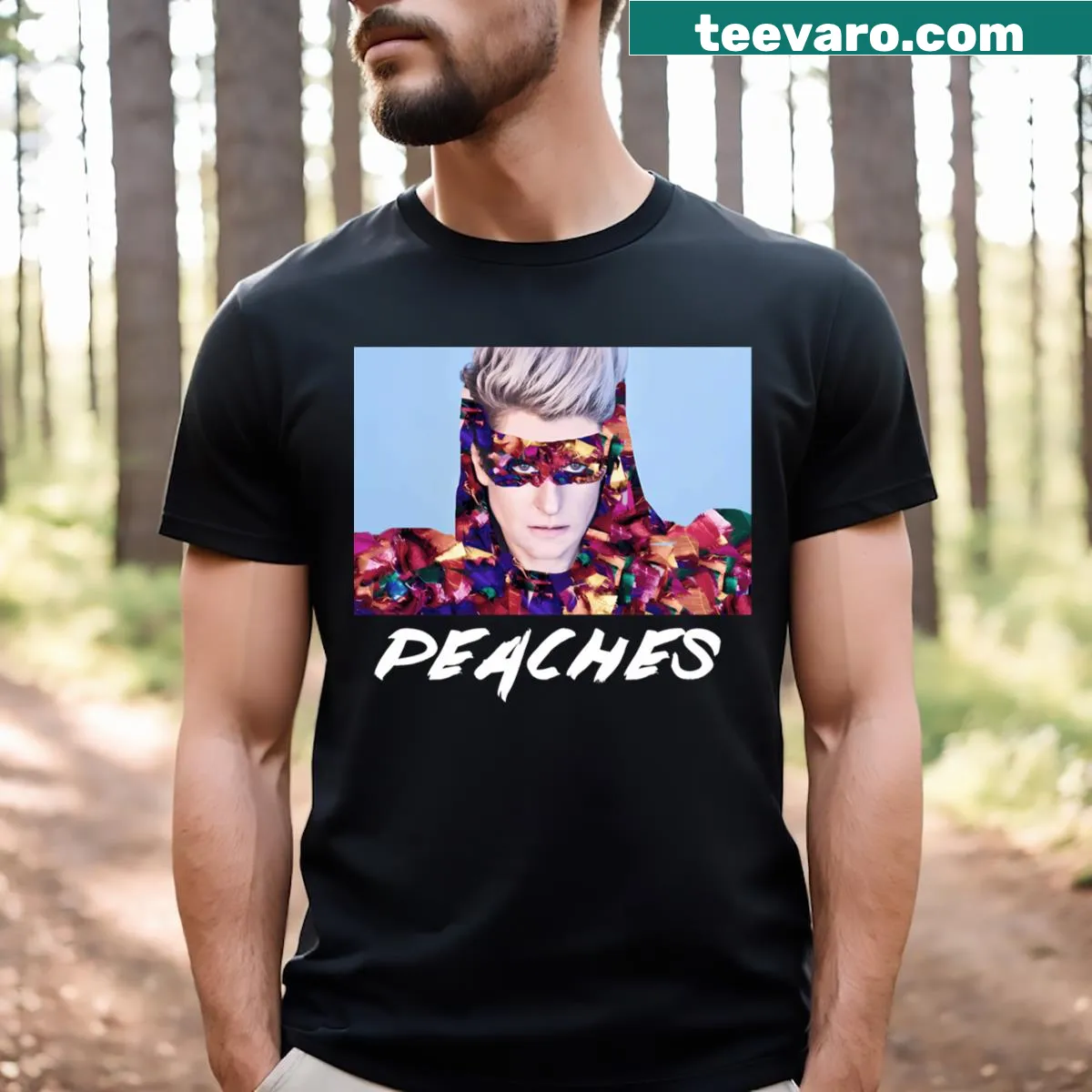 Illustrated t-shirt featuring Peaches, a music singer — on a men's t-shirt
