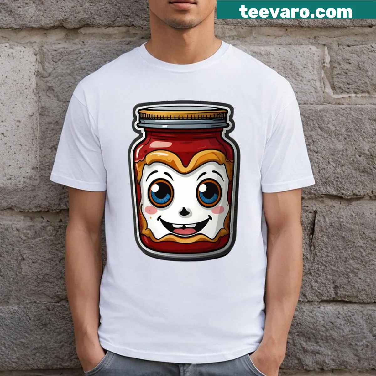 Whimsical T-shirt design featuring peanut butter and jelly — on a men's t-shirt