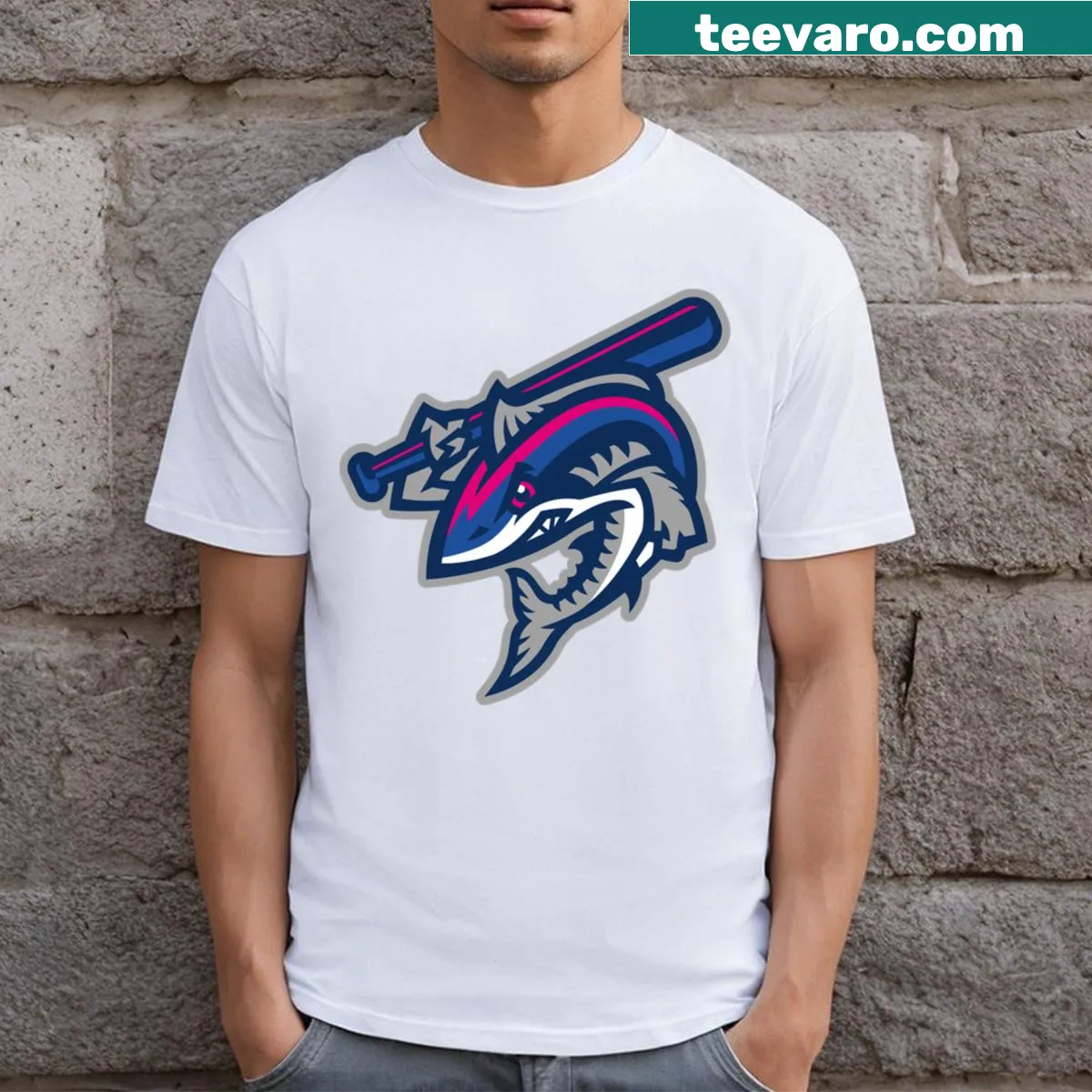 Jersey-style T-shirt featuring Pensacola Blue Wahoos design — on a men's t-shirt
