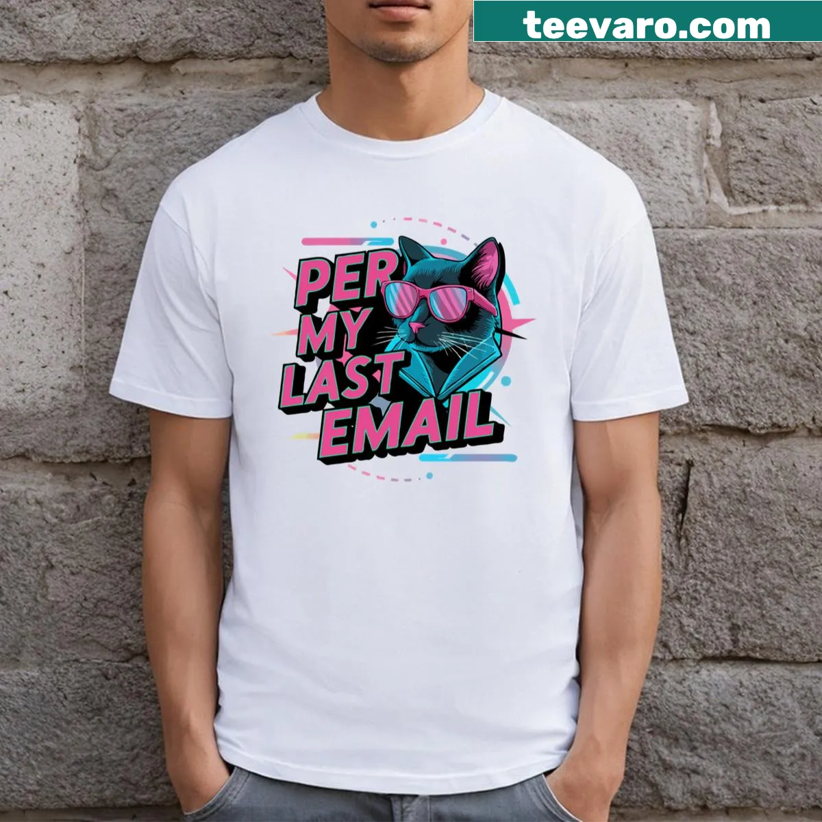 Funny T-shirt with a cat graphic and office humor text — on a men's t-shirt