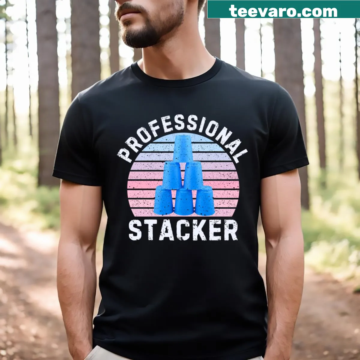 Vintage-inspired t-shirt celebrating cup stacking game — on a men's t-shirt