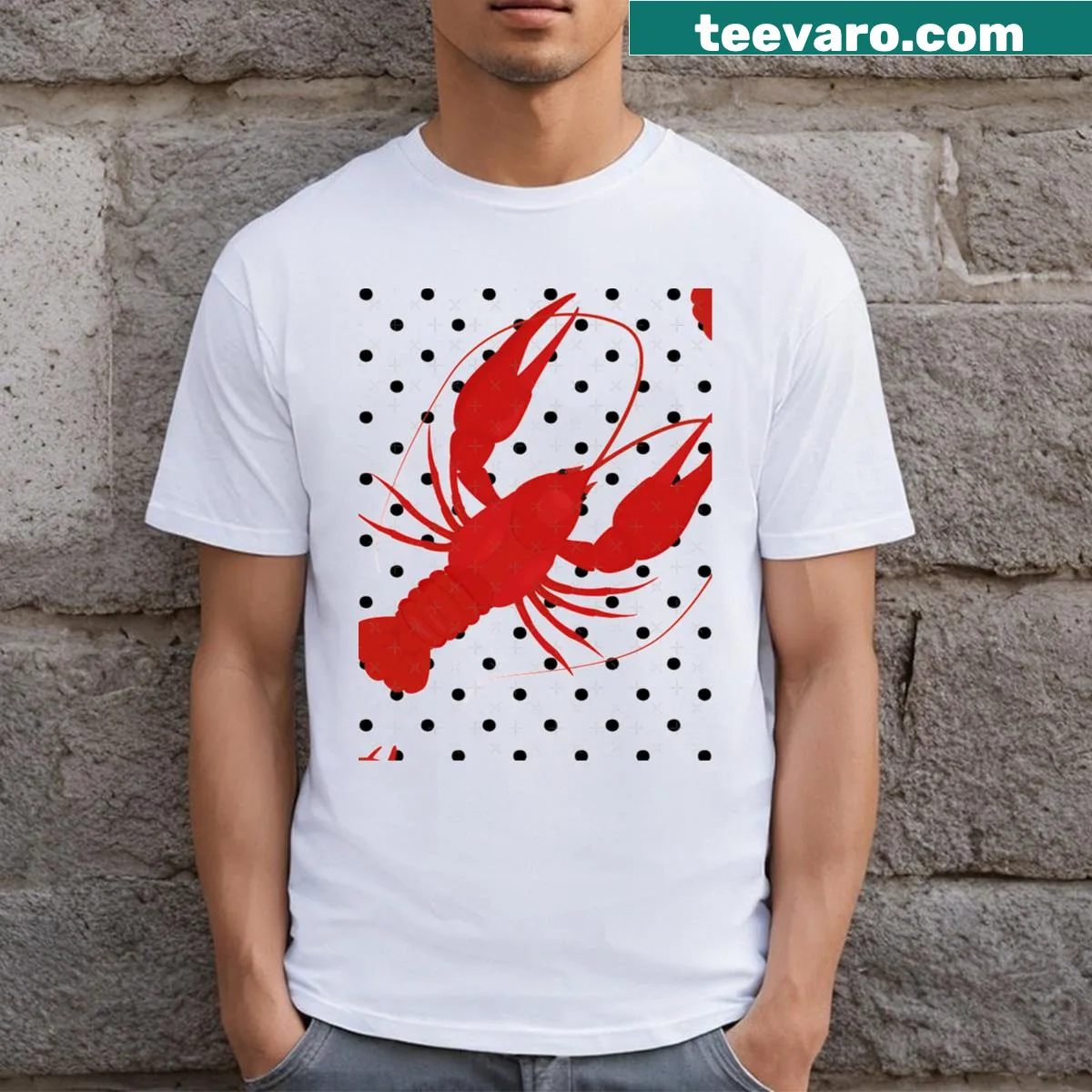 White t-shirt with polka dots and cartoon red lobsters — on a men's t-shirt