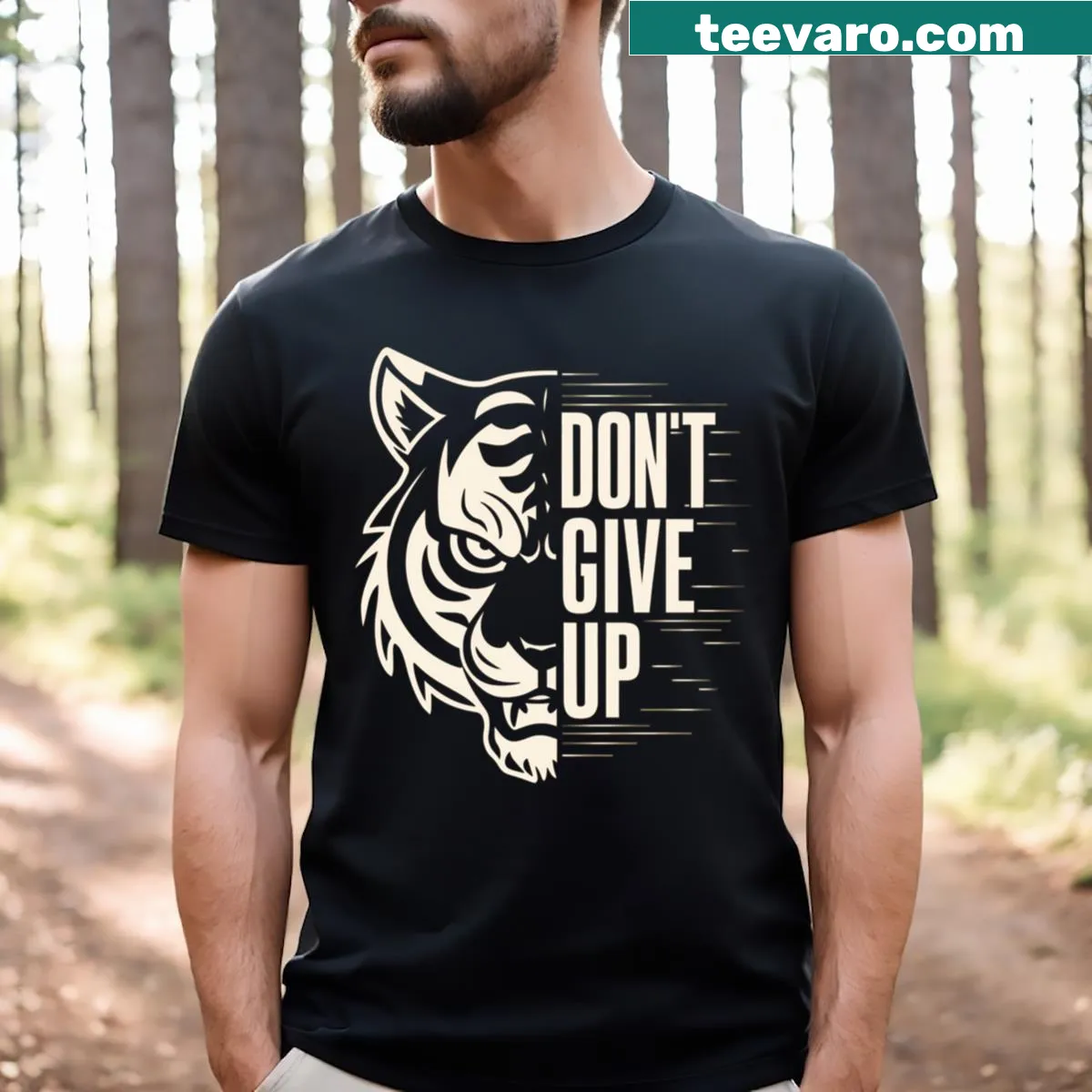 Powerful tiger graphic with 'Roar Against Adversity' theme. — on a men's t-shirt