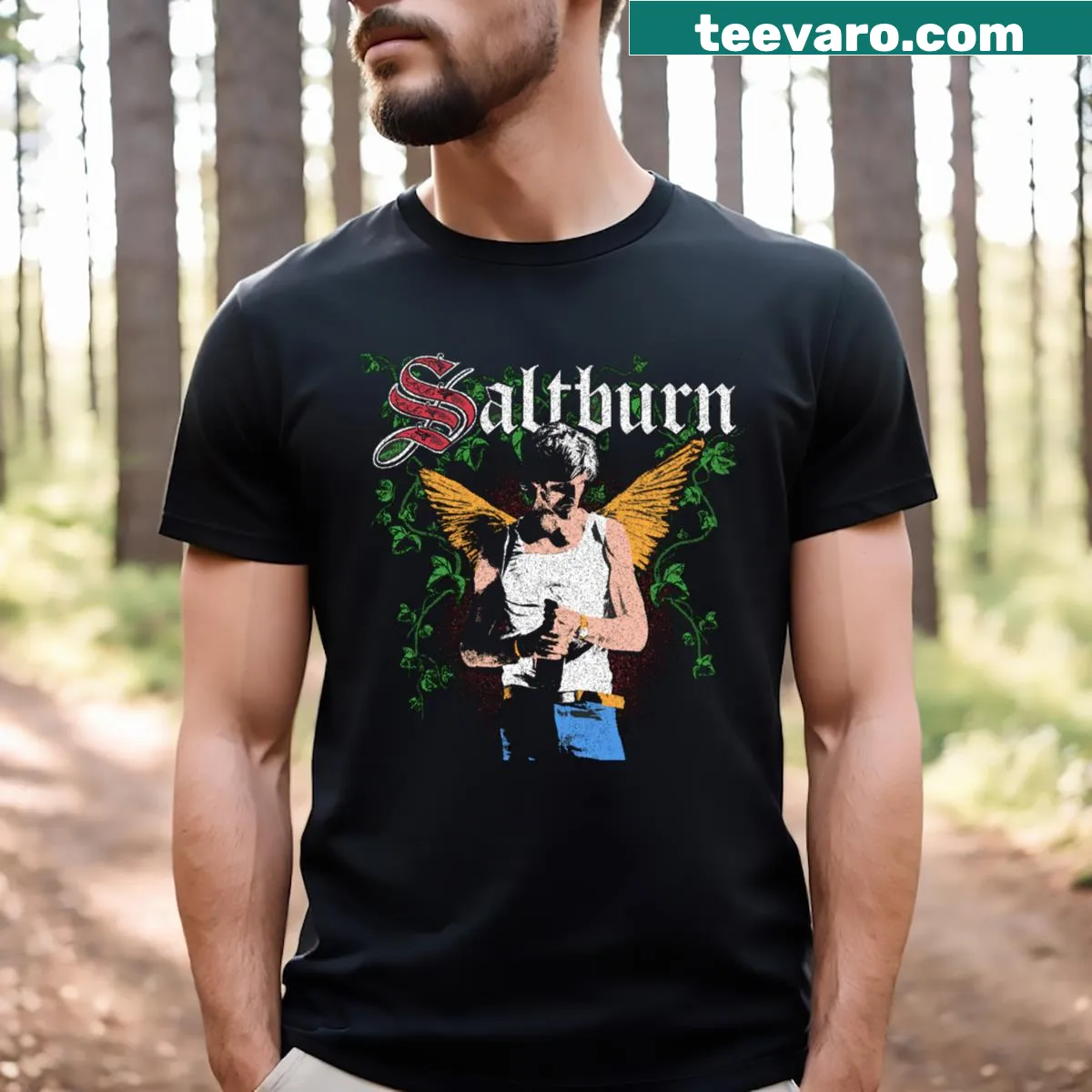 Minimalist Saltburn-themed t-shirt with a serene design — on a men's t-shirt