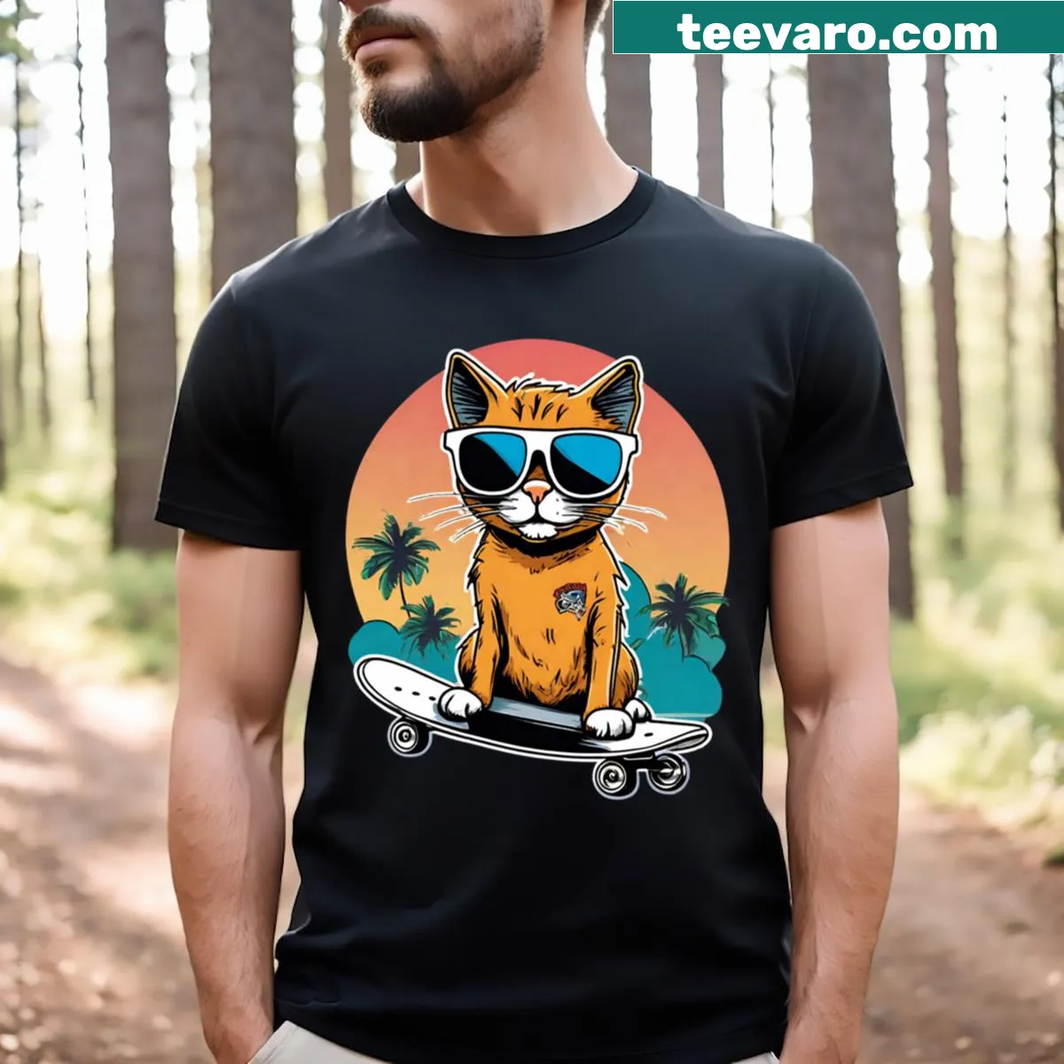 Playful illustration of a cat skating on a T-shirt — on a men's t-shirt