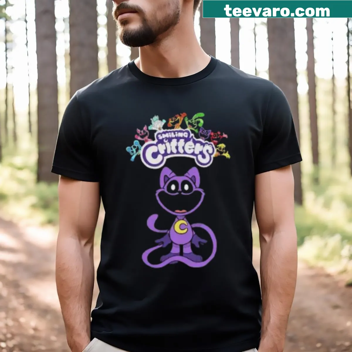 Adorable T-shirt featuring smiling critters from Poppy Playtime — on a men's t-shirt