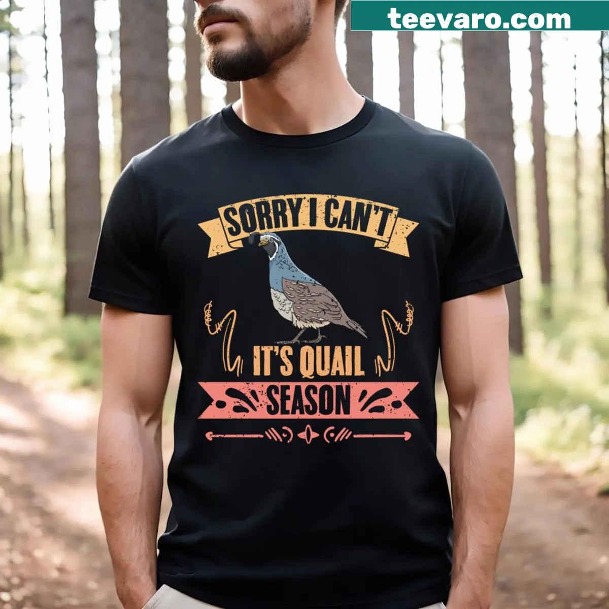 Funny T-shirt for quail hunters featuring humorous text — on a men's t-shirt
