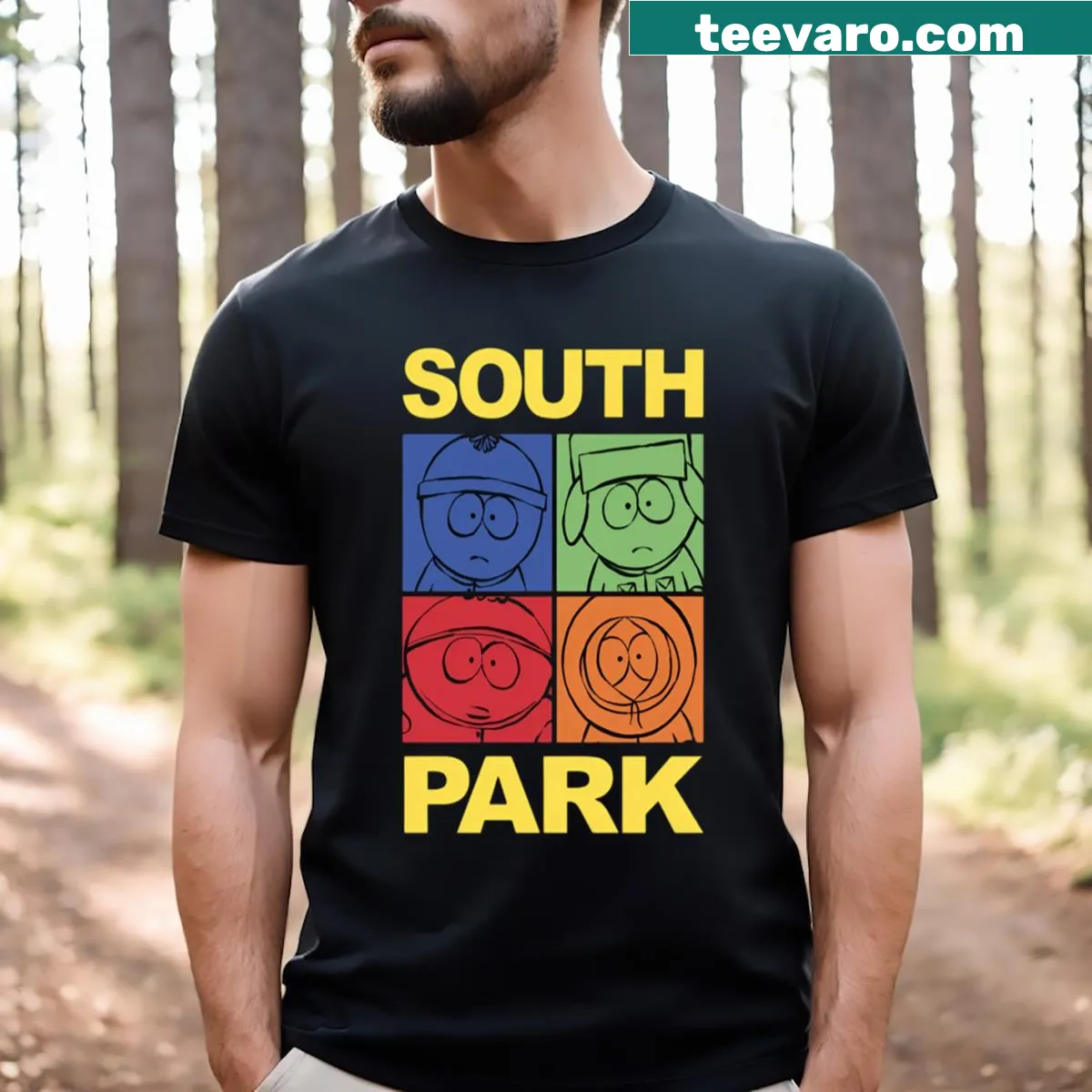 Illustrated South Park T-shirt depicting a snow day scene — on a men's t-shirt
