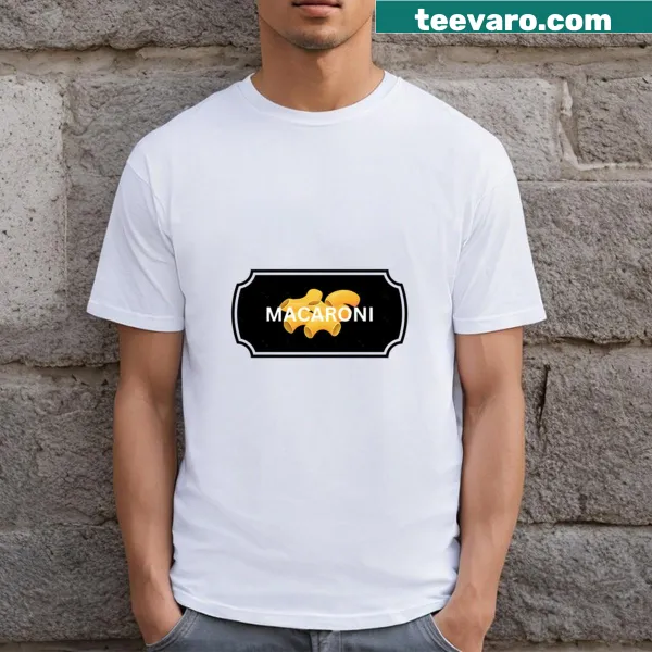 Vintage-style macaroni food label graphic on T-shirt
