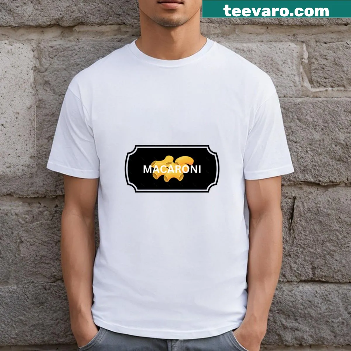 Vintage-style macaroni food label graphic on T-shirt — on a men's t-shirt