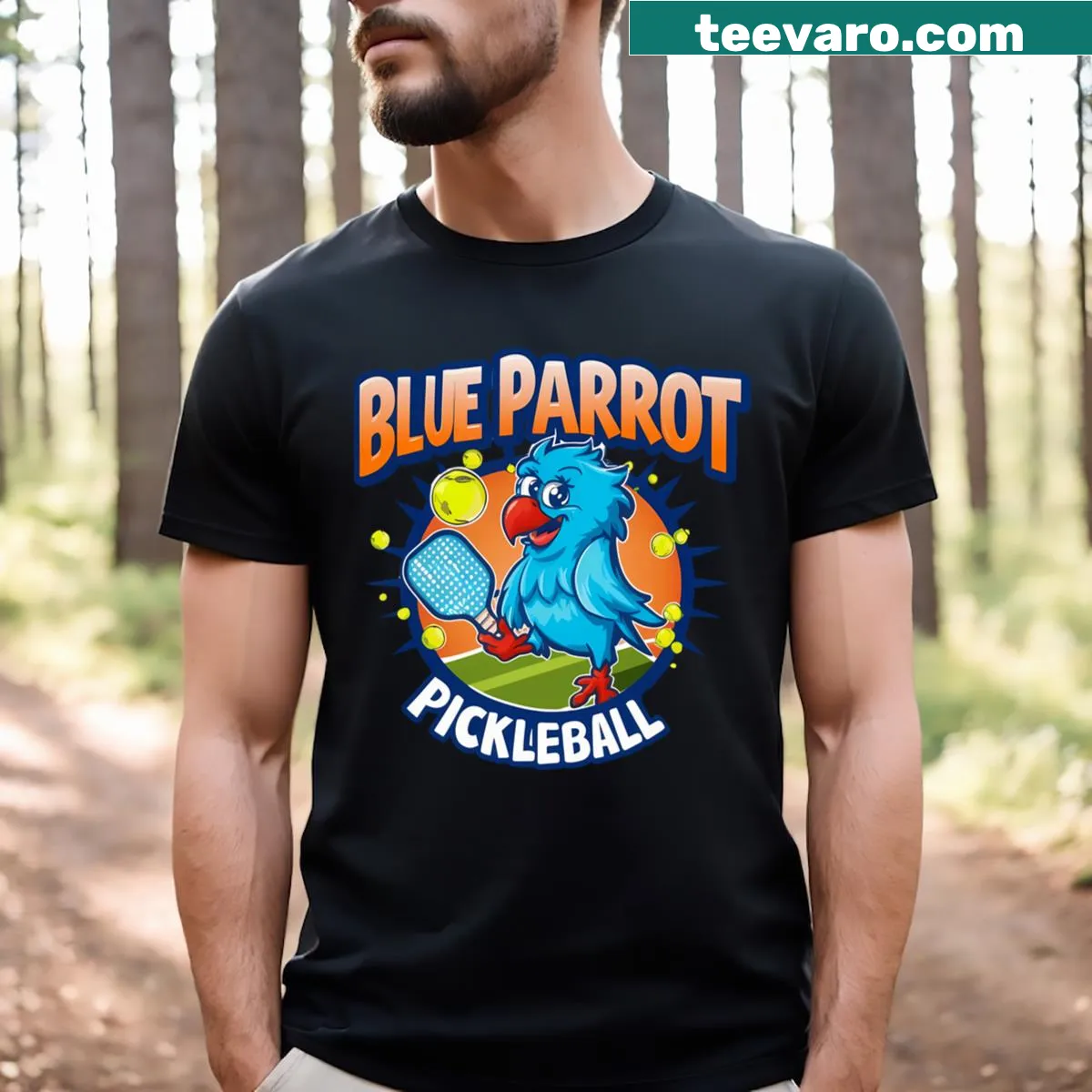 Illustration of a blue parrot with a pickleball paddle in a playful design — on a men's t-shirt