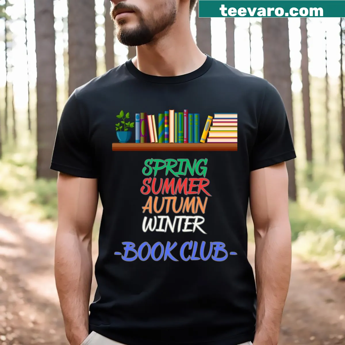 Funny book club T-shirt featuring seasonal graphics — on a men's t-shirt