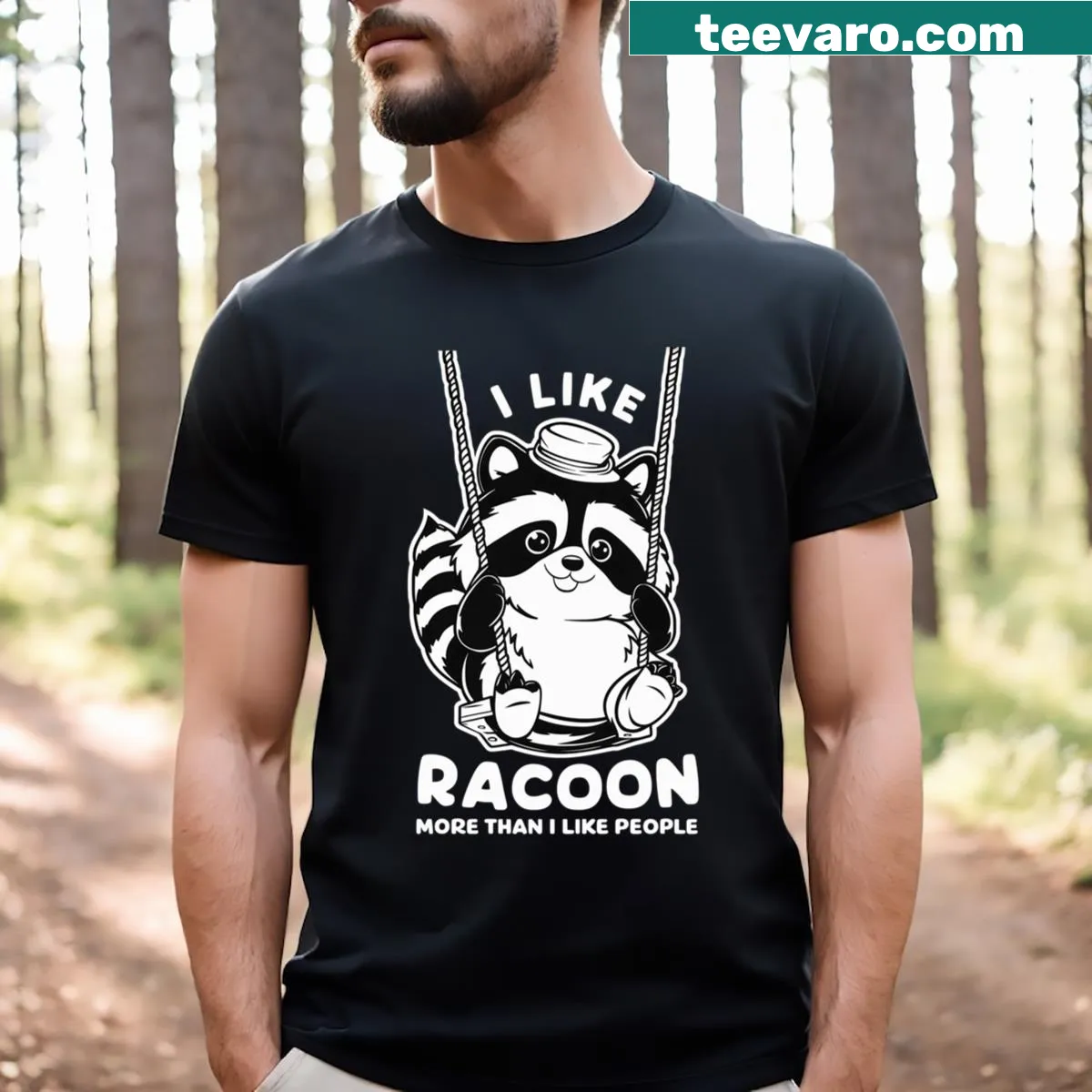 Vintage-style T-shirt featuring a playful raccoon illustration — on a men's t-shirt