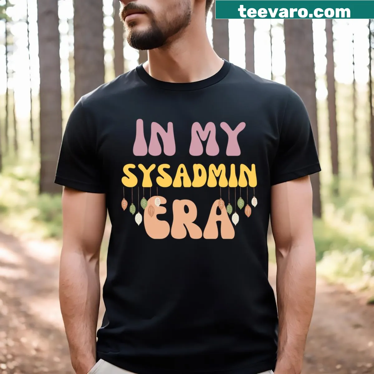 Humorous 'In My Sysadmin Groovy' text on a tech-themed t-shirt — on a men's t-shirt
