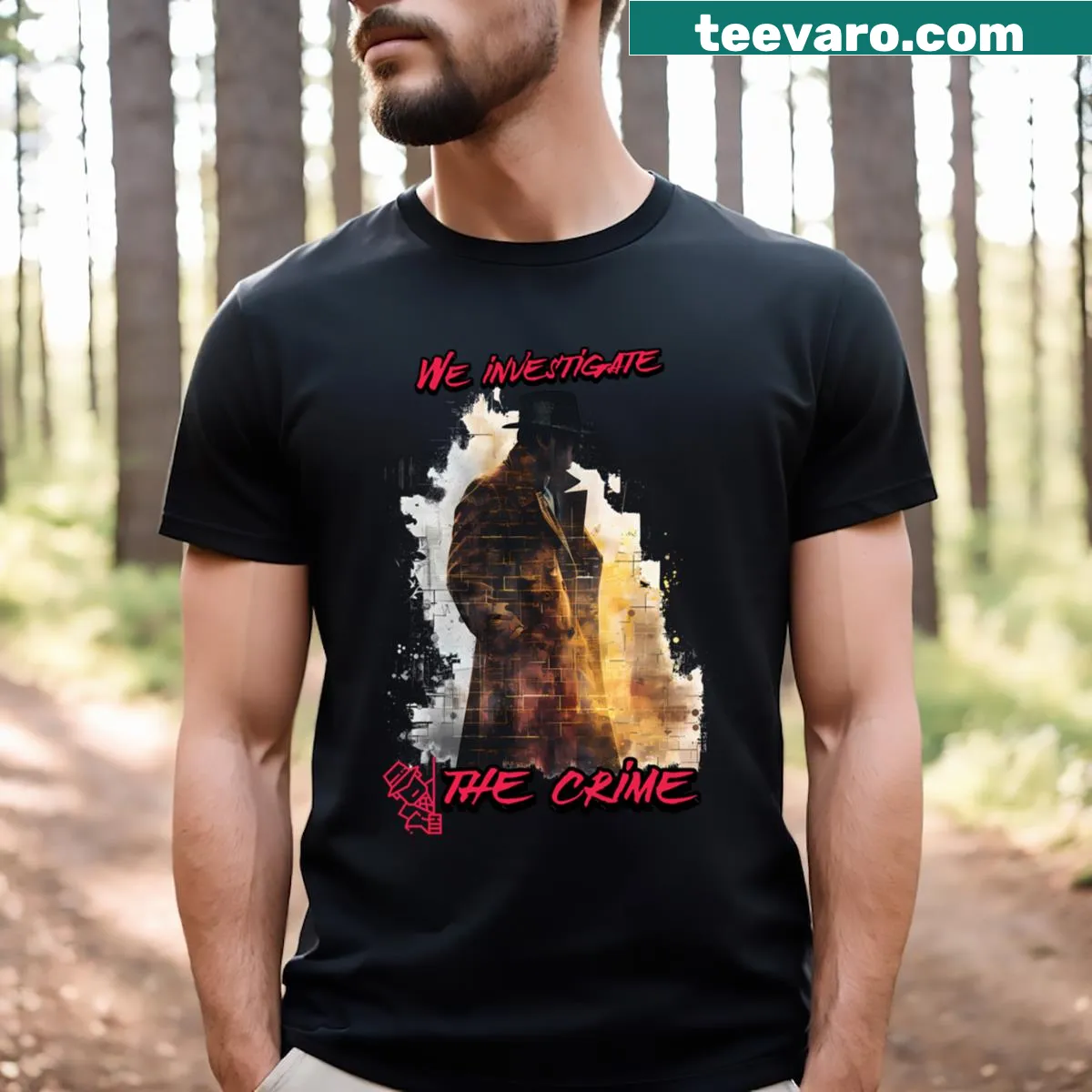 T-shirt depicting a crime scene in a dark city graphic — on a men's t-shirt