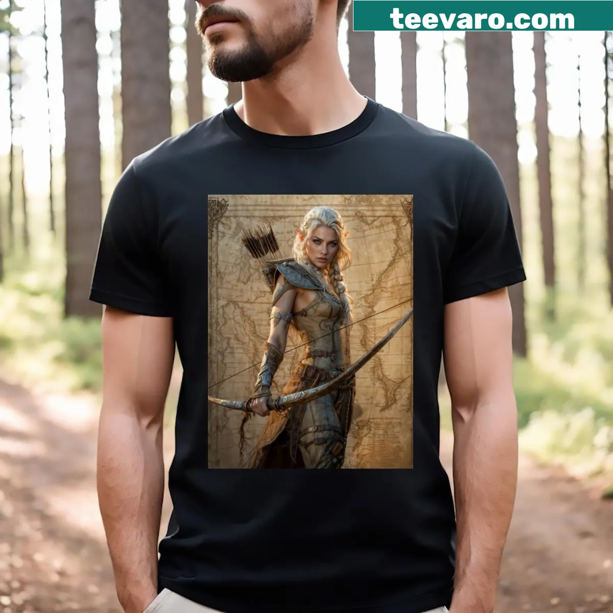 Illustrated T-shirt featuring an elven archer character. — on a men's t-shirt