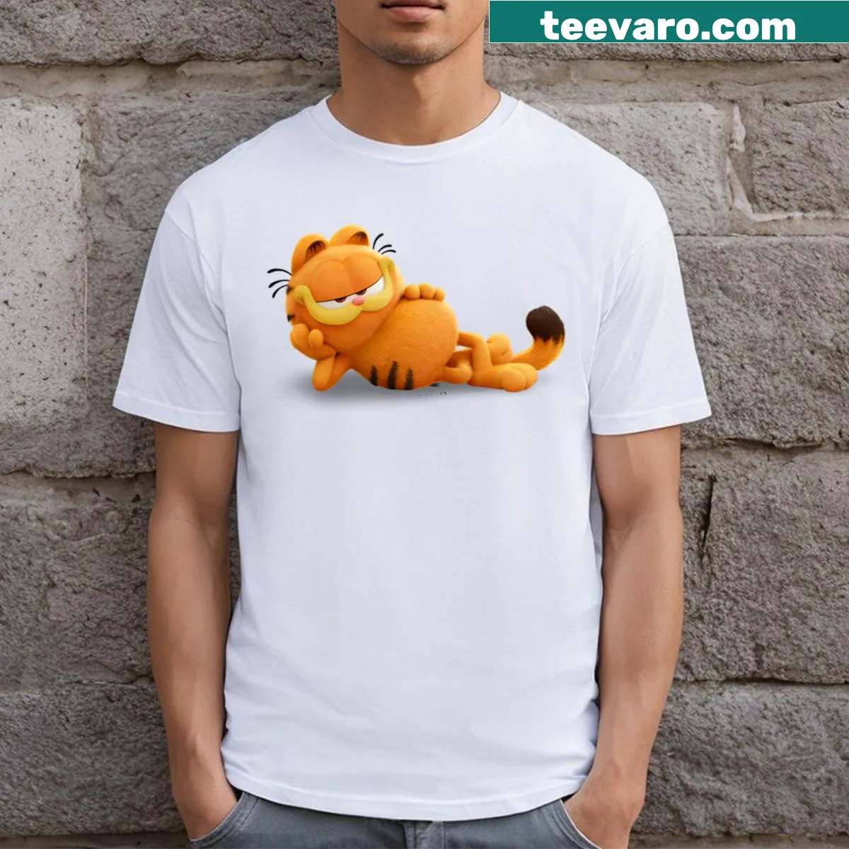 Whimsical graphic of Garfield on T-shirt — on a men's t-shirt
