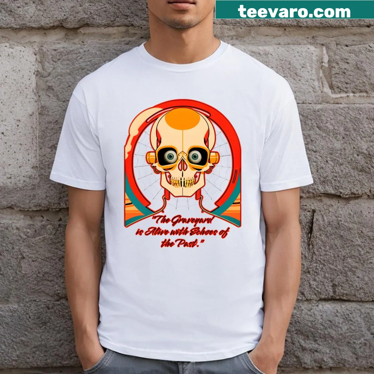Haunting t-shirt graphic featuring skulls in a graveyard setting — on a men's t-shirt