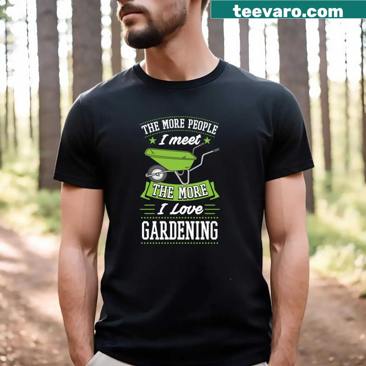Funny gardening T-shirt with text about loving gardening over socializing — on a men's t-shirt