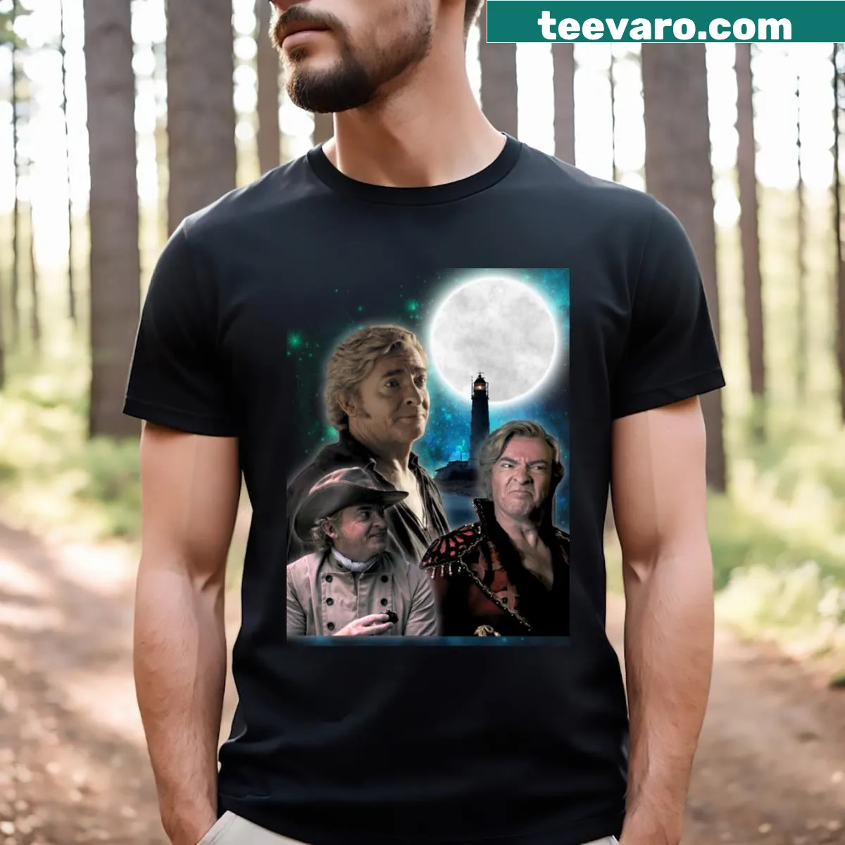 Whimsical illustration of three moons on a T-shirt — on a men's t-shirt