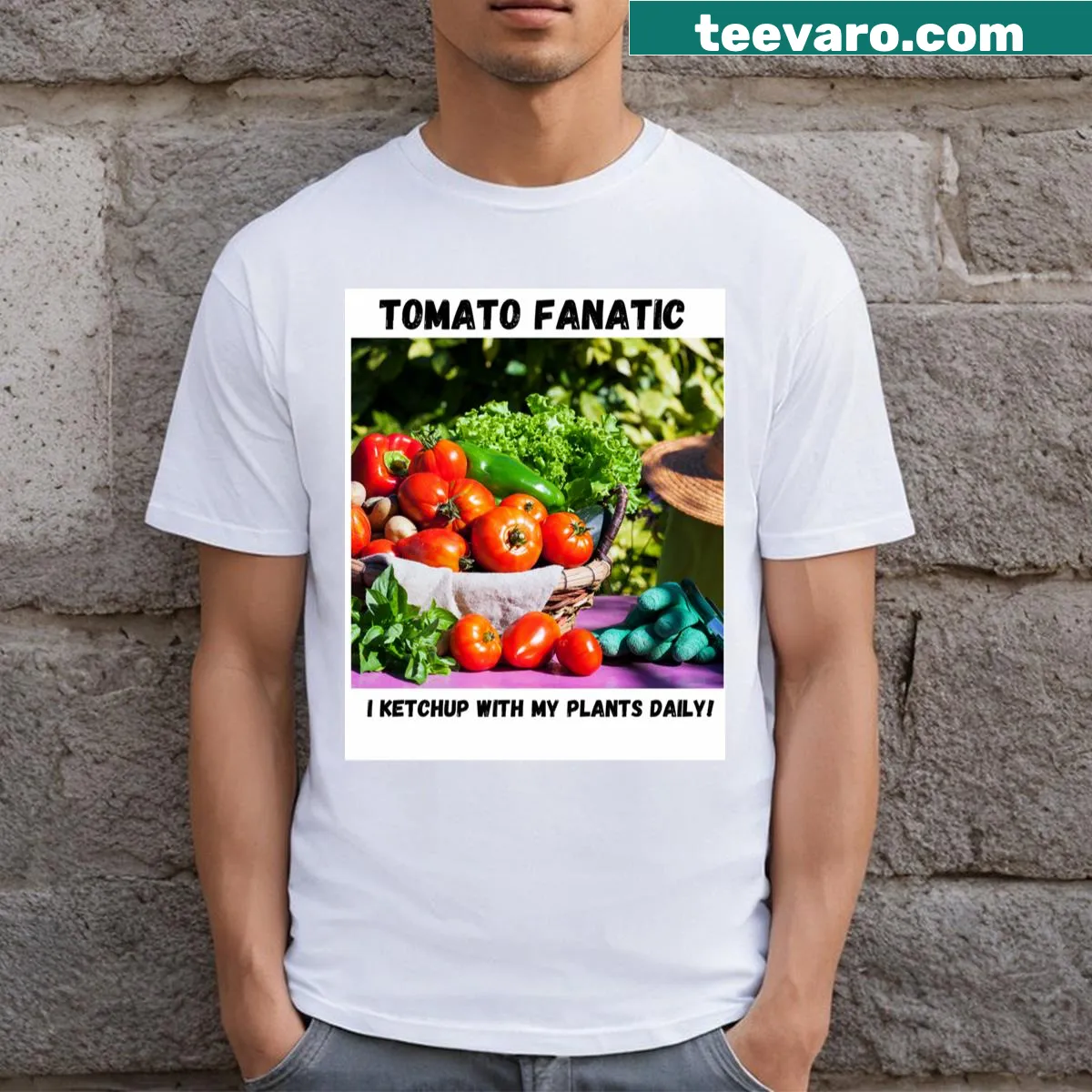 Funny cartoon T-shirt with gardening theme and ketchup pun — on a men's t-shirt