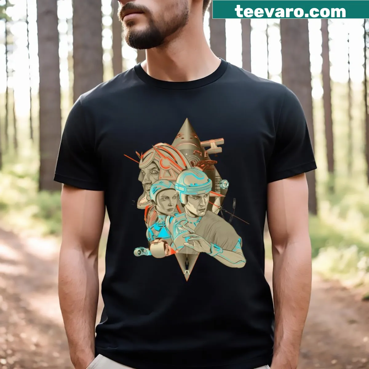 Illustrated T-shirt featuring retro graphics from the Tron movie poster — on a men's t-shirt