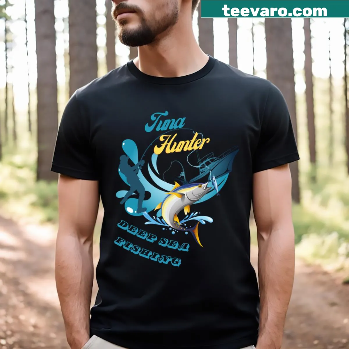 Illustrative T-shirt celebrating deep-sea fishing and tuna hunting — on a men's t-shirt
