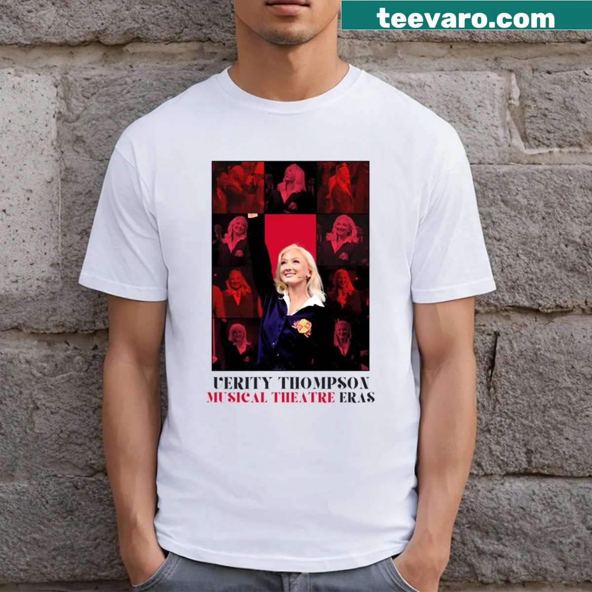 Minimalist typography musical theatre design on a t-shirt — on a men's t-shirt