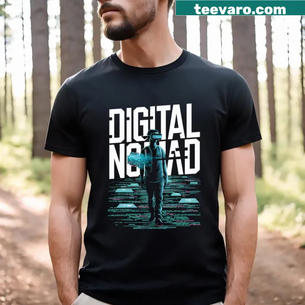 T-shirt with a graphic of a VR headset, highlighting digital nomad lifestyle