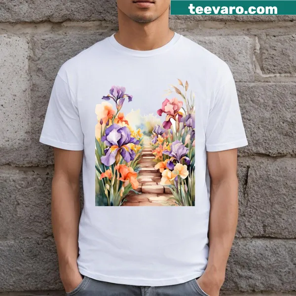 Watercolor design of an iris garden path on a T-shirt