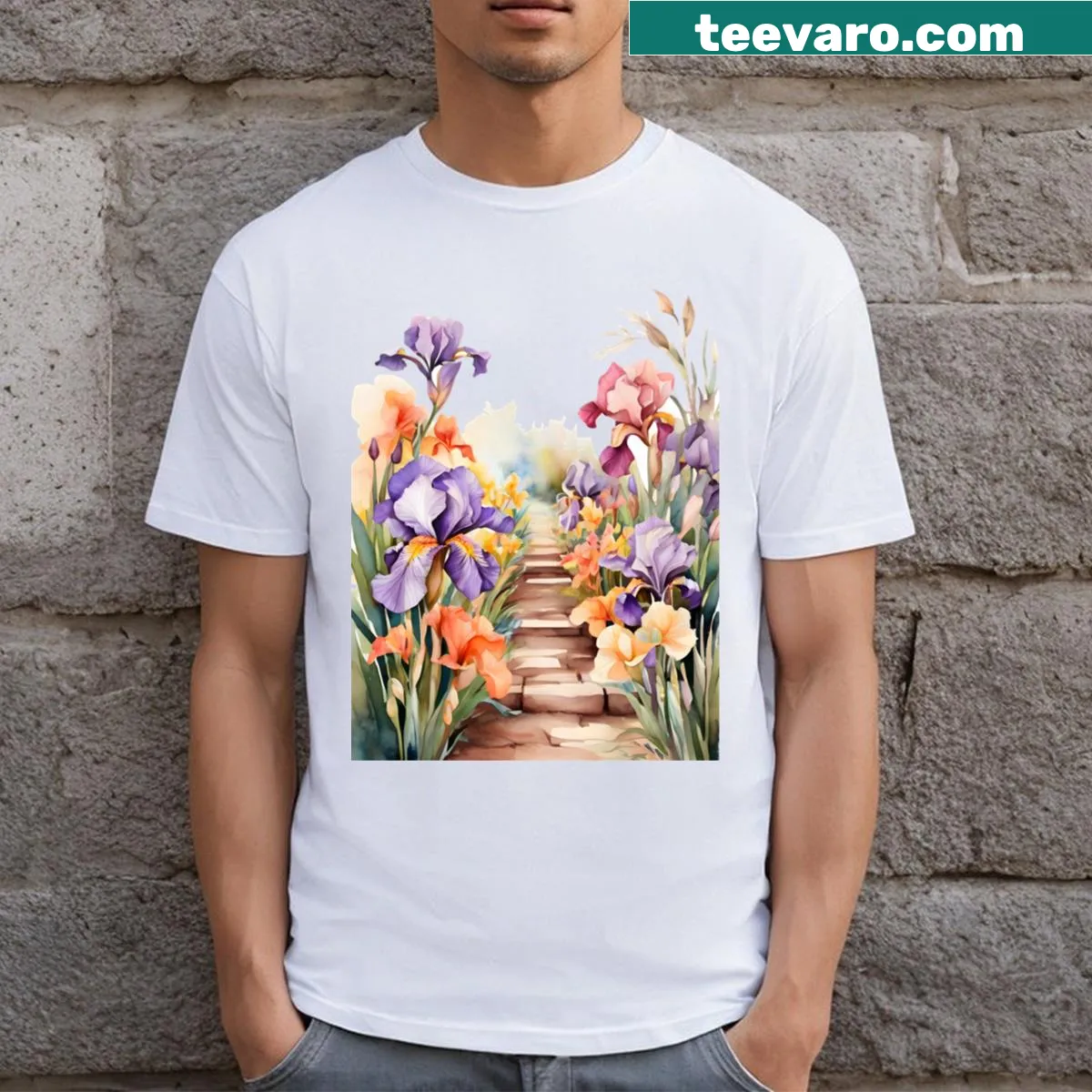 Watercolor design of an iris garden path on a T-shirt — on a men's t-shirt