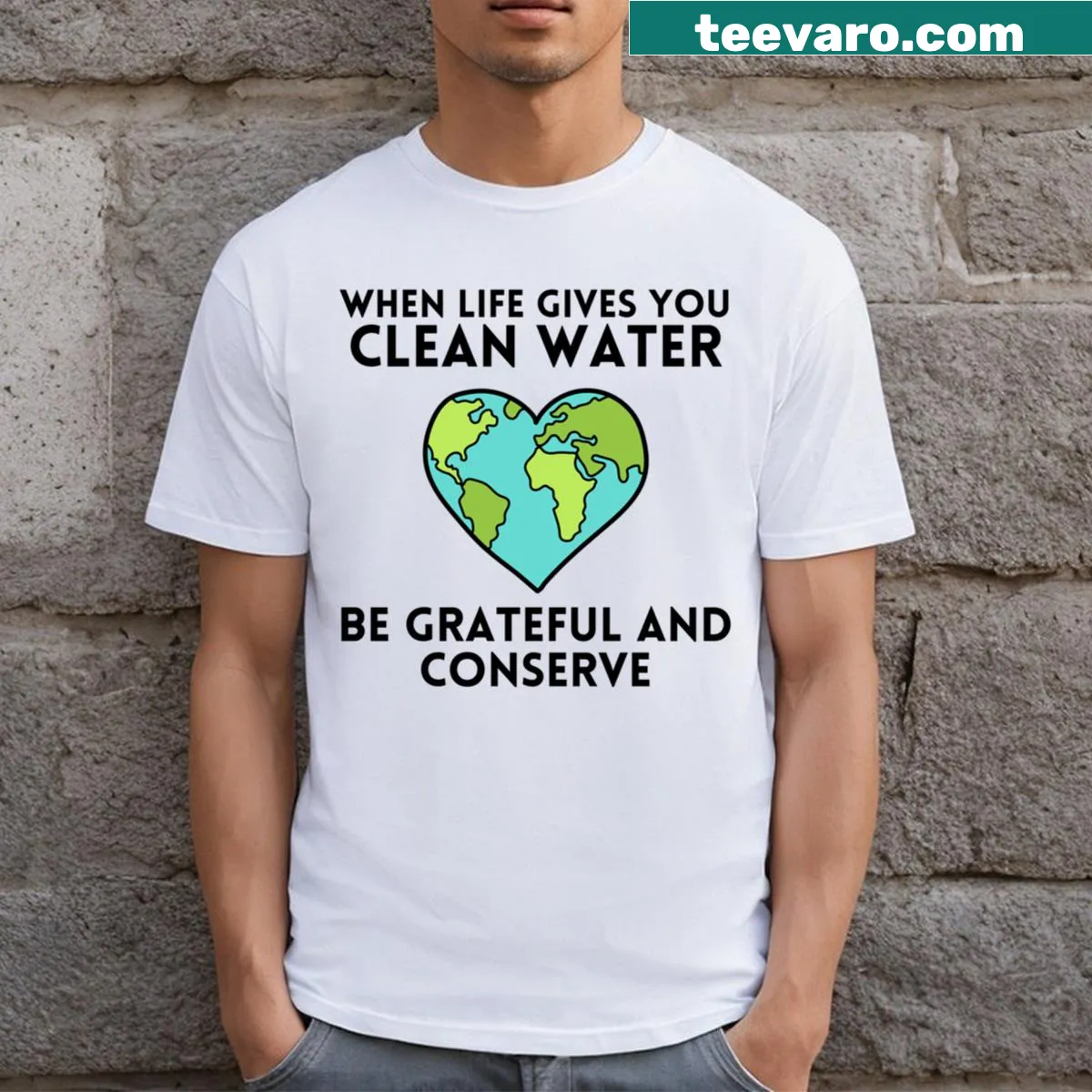 Inspirational t-shirt promoting gratitude and environmental conservation — on a men's t-shirt