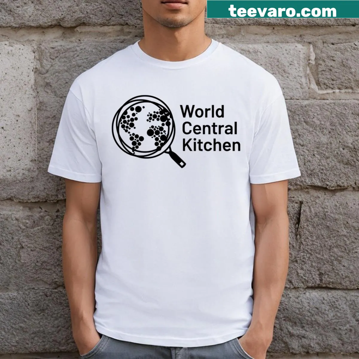 T-shirt featuring World Central Kitchen logo in a minimalist design — on a men's t-shirt