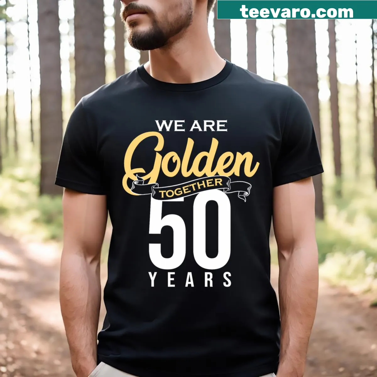 Illustrative T-shirt celebrating 50th wedding anniversary — on a men's t-shirt