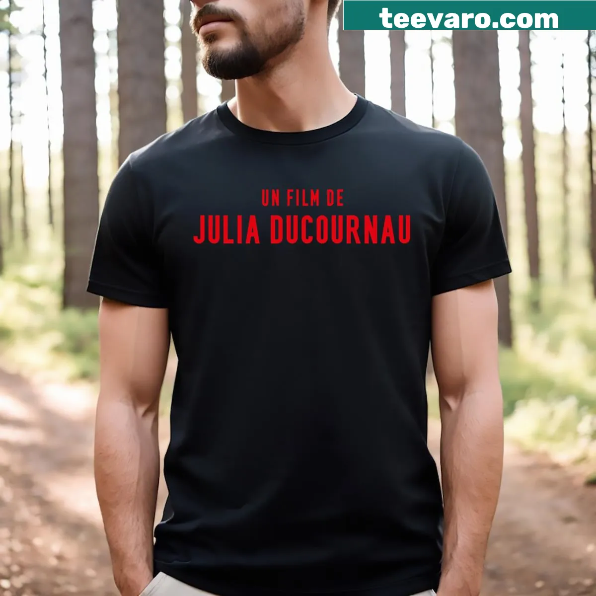 T-shirt featuring abstract typography inspired by filmmaker Julia Ducournau — on a men's t-shirt