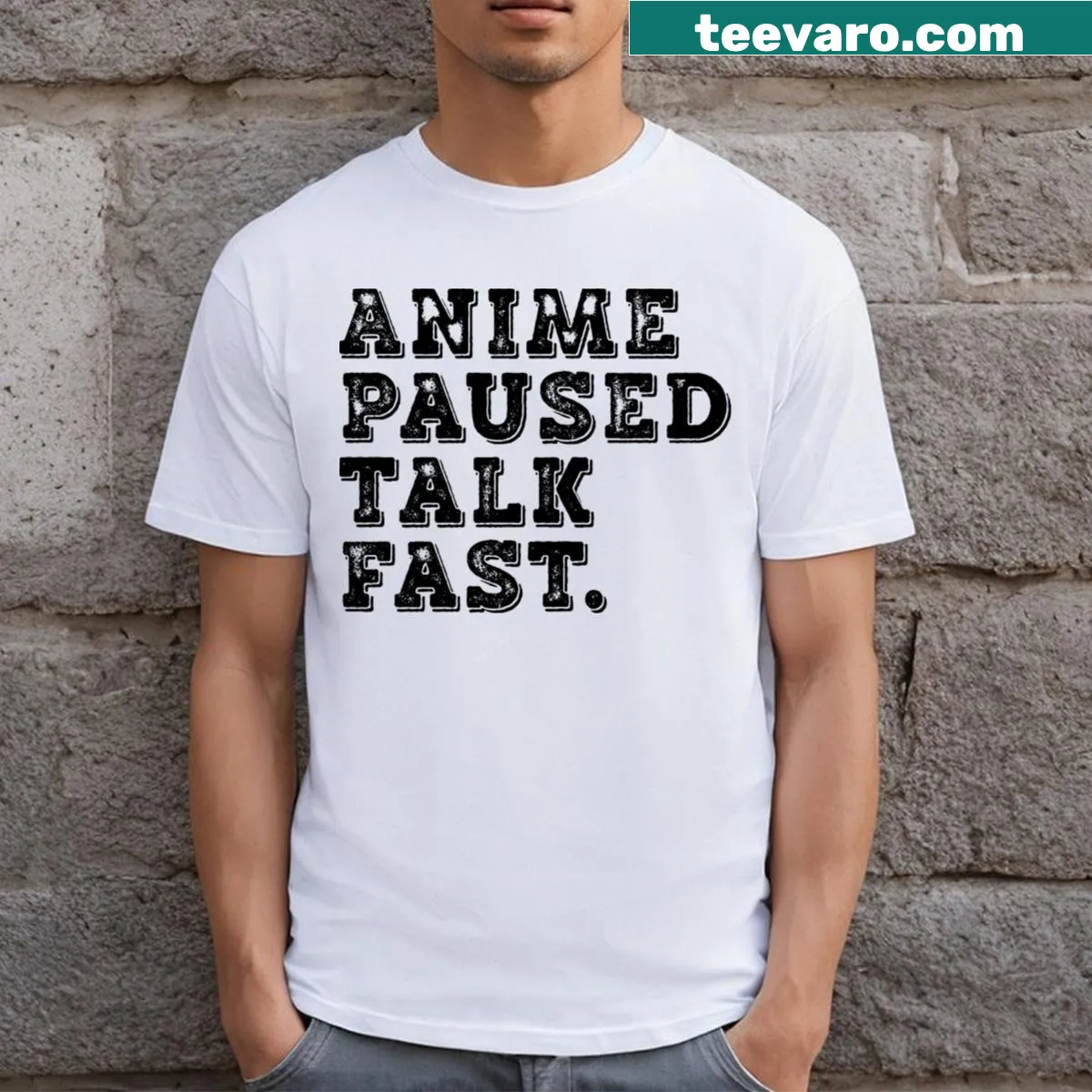 Cartoon style t-shirt with 'Anime Paused Talk Fast' text — on a men's t-shirt