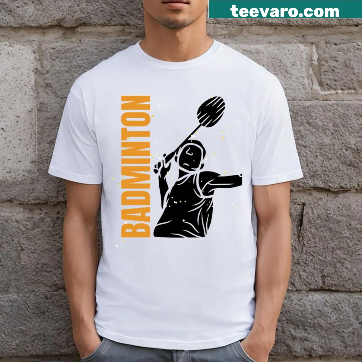 Simple badminton graphic on a men's V-neck t-shirt — on a men's t-shirt