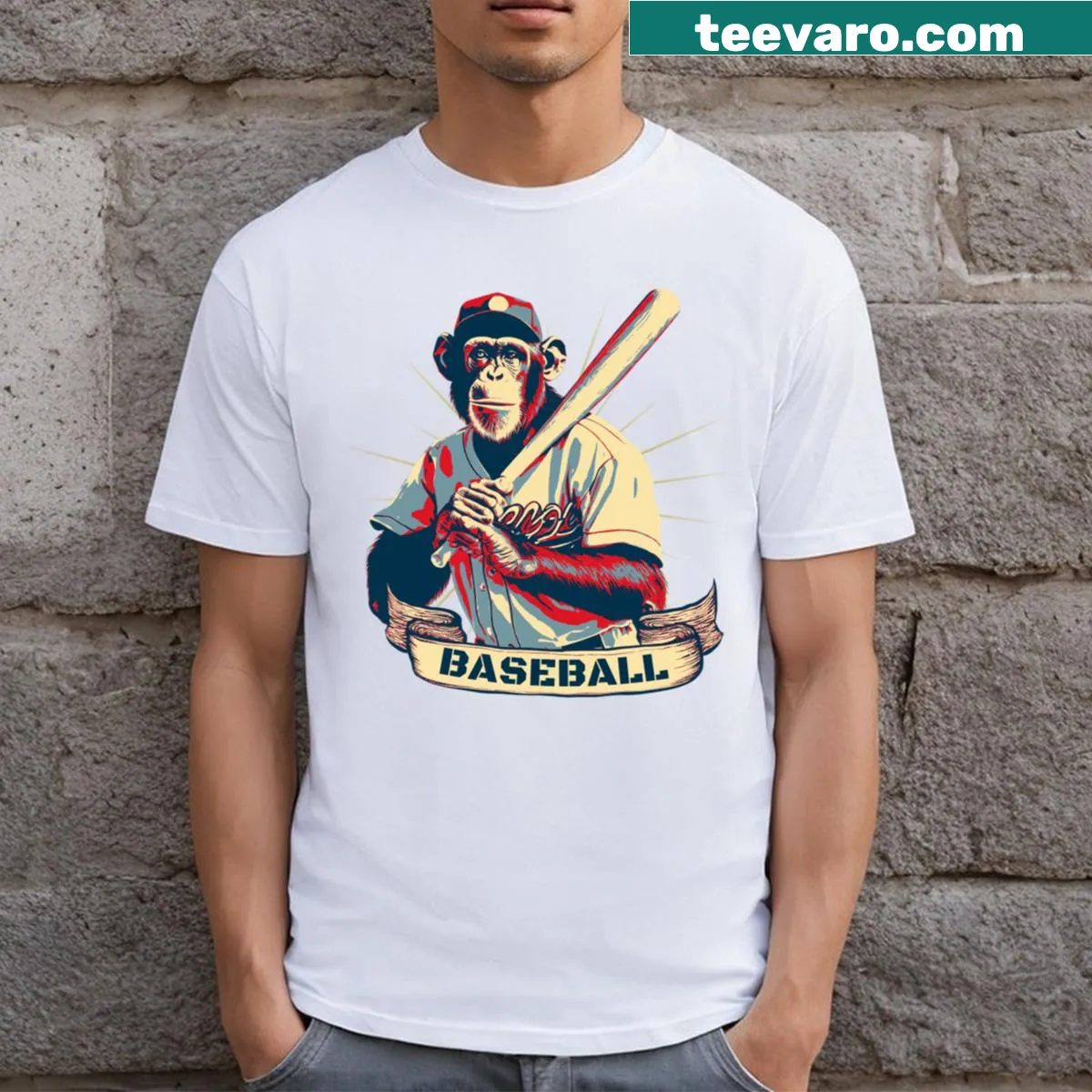 Vintage T-shirt featuring a playful chimpanzee playing baseball. — on a men's t-shirt