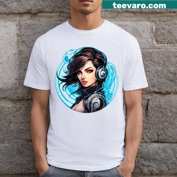 Illustration of a beautiful woman enjoying music on a t-shirt